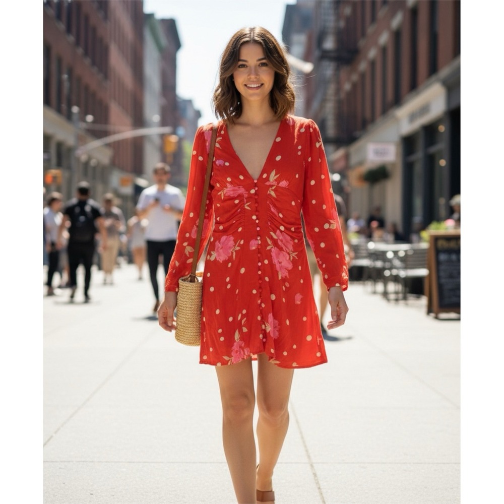 Free People Red Floral Long Sleeve Dress